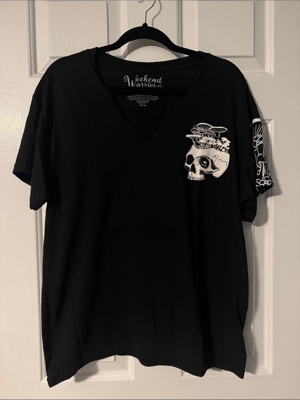 Black V-Neck Tee with White Skull Graphic